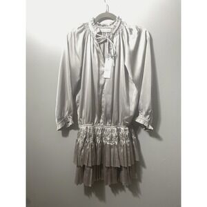 NWT Bishop & Young Dom Silver Mini Party Dress High Fashion Formal Flare Size S